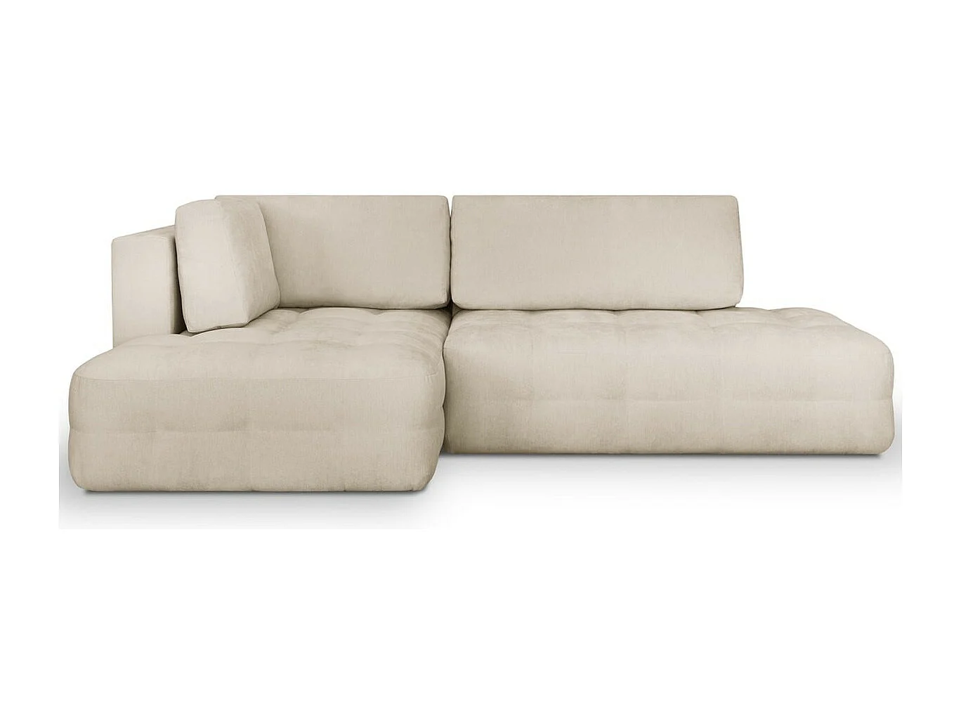 Canapé d'angle ouvert à gauche convertible 3 places avec coffre de rangement en tissu chenille beige - Léo