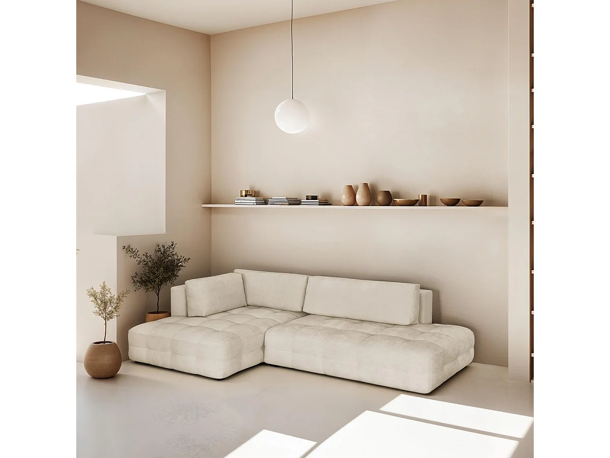 Canapé d'angle ouvert à gauche convertible 3 places avec coffre de rangement en tissu chenille beige - Léo