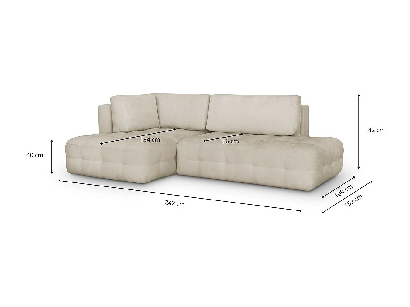 Canapé d'angle ouvert à gauche convertible 3 places avec coffre de rangement en tissu chenille beige - Léo