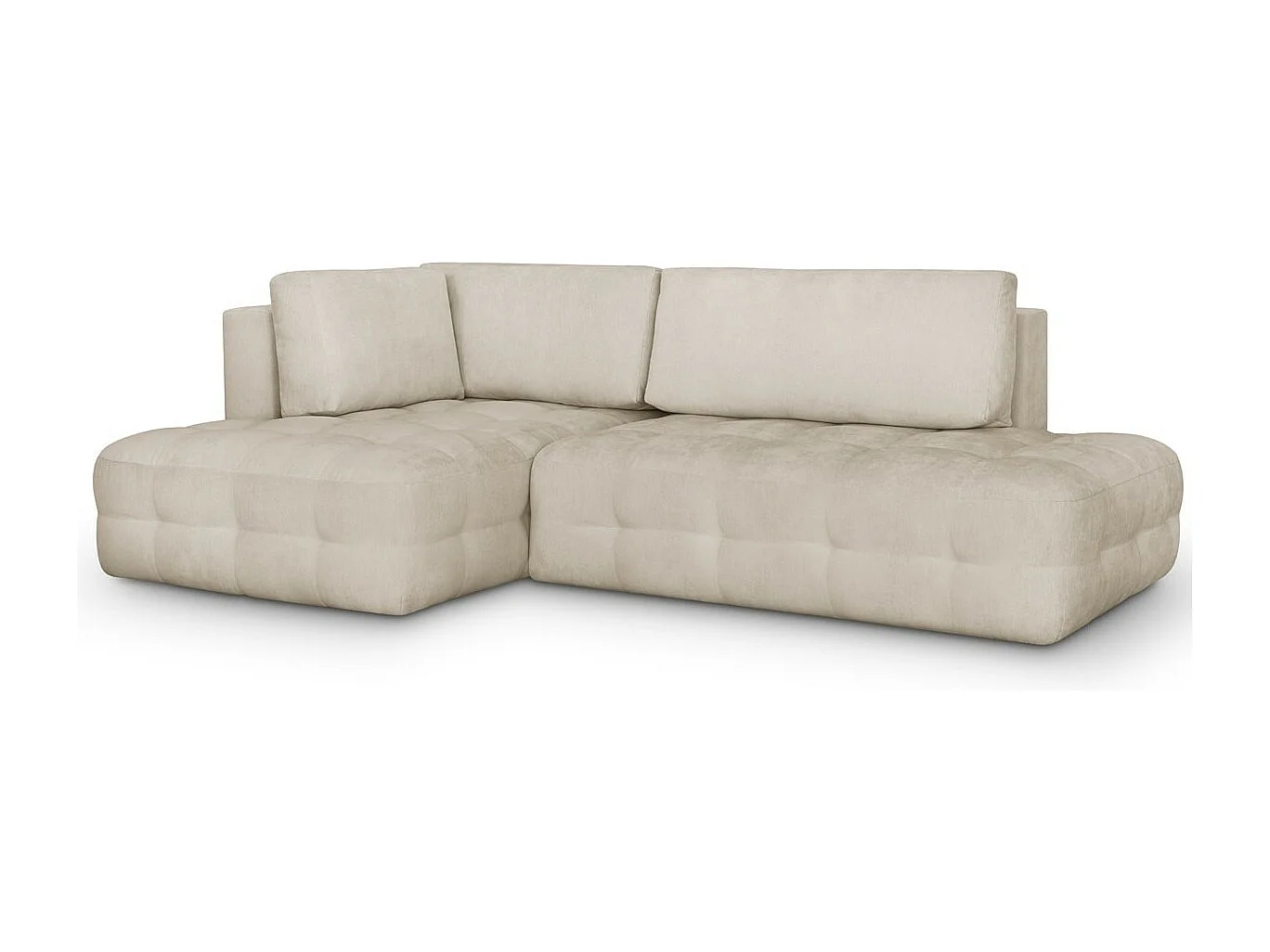 Canapé d'angle ouvert à gauche convertible 3 places avec coffre de rangement en tissu chenille beige - Léo