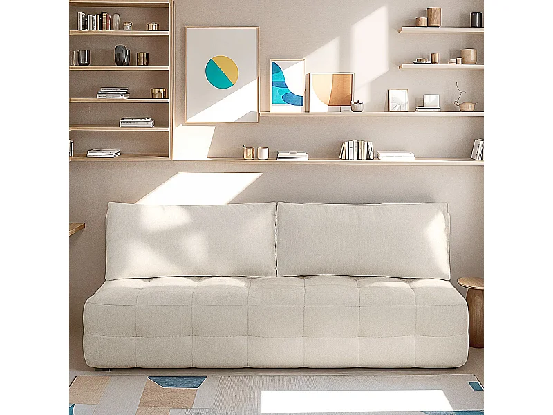 Canapé convertible 3 places avec coffre de rangement en tissu chenille beige - Léo