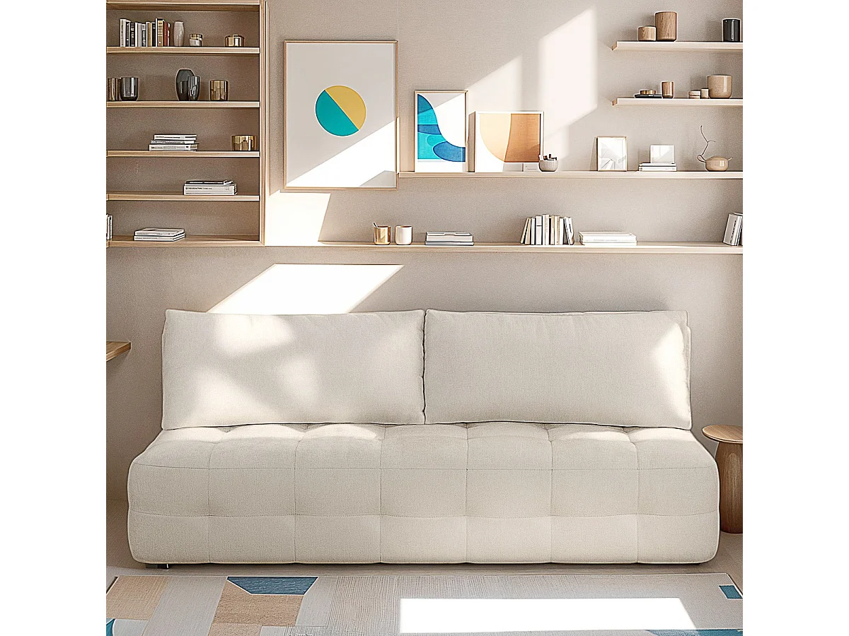 Canapé convertible 3 places avec coffre de rangement en tissu chenille beige - Léo