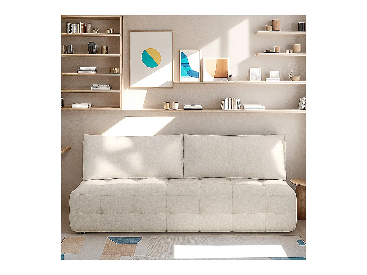 Canapé convertible 3 places avec coffre de rangement en tissu chenille beige - Léo