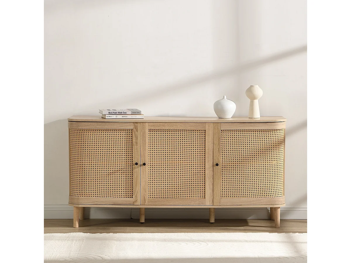 Buffet 3 portes couleur chêne et cannage 150 cm - Bali