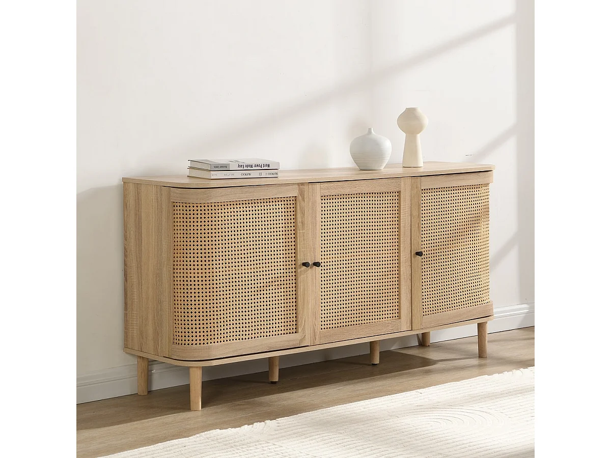 Buffet 3 portes couleur chêne et cannage 150 cm - Bali