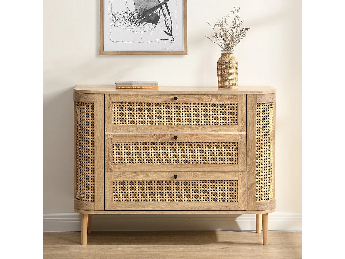 Commode 3 tiroirs couleur chêne et cannage 105 cm - Bali