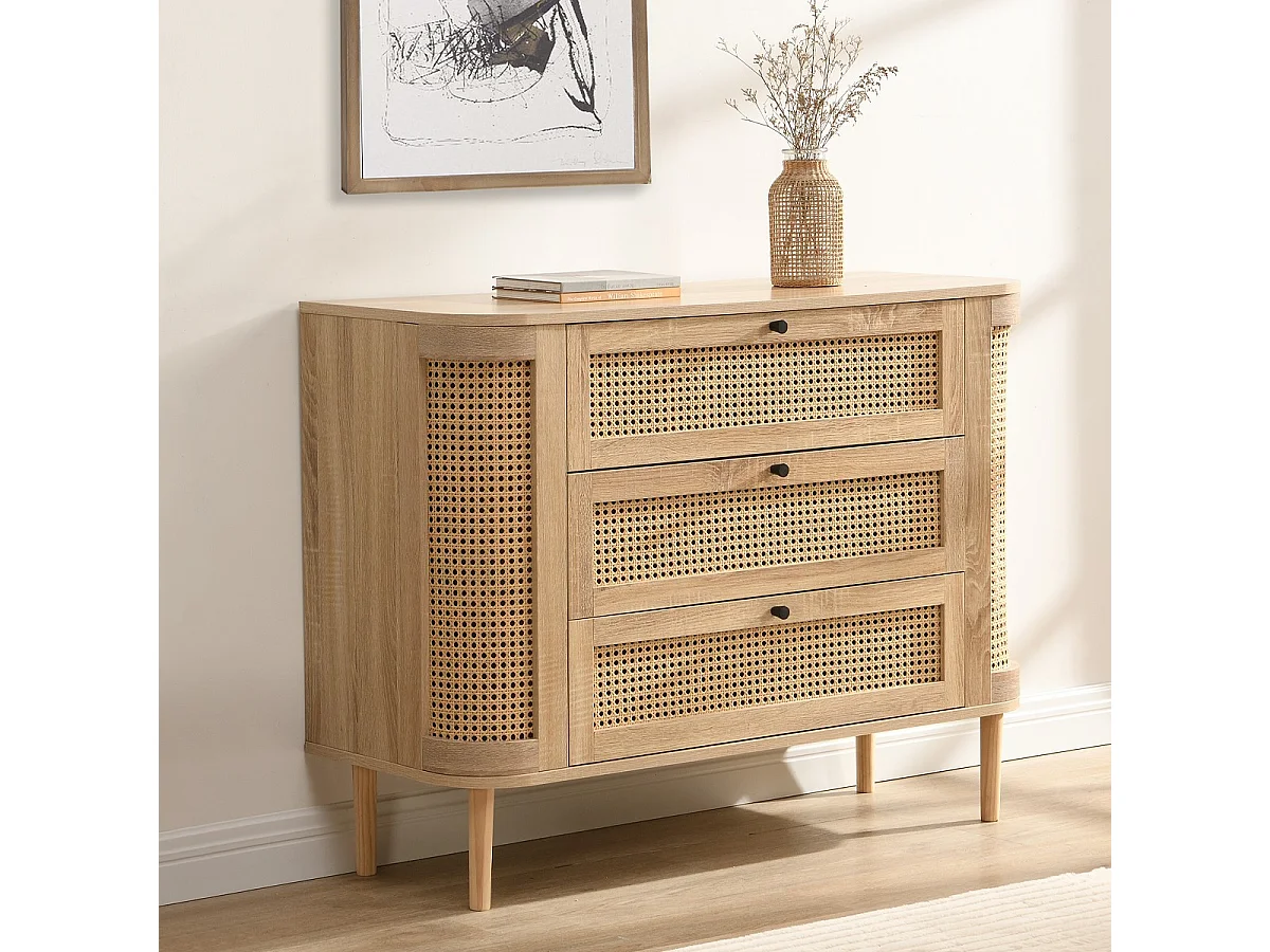 Commode 3 tiroirs couleur chêne et cannage 105 cm - Bali