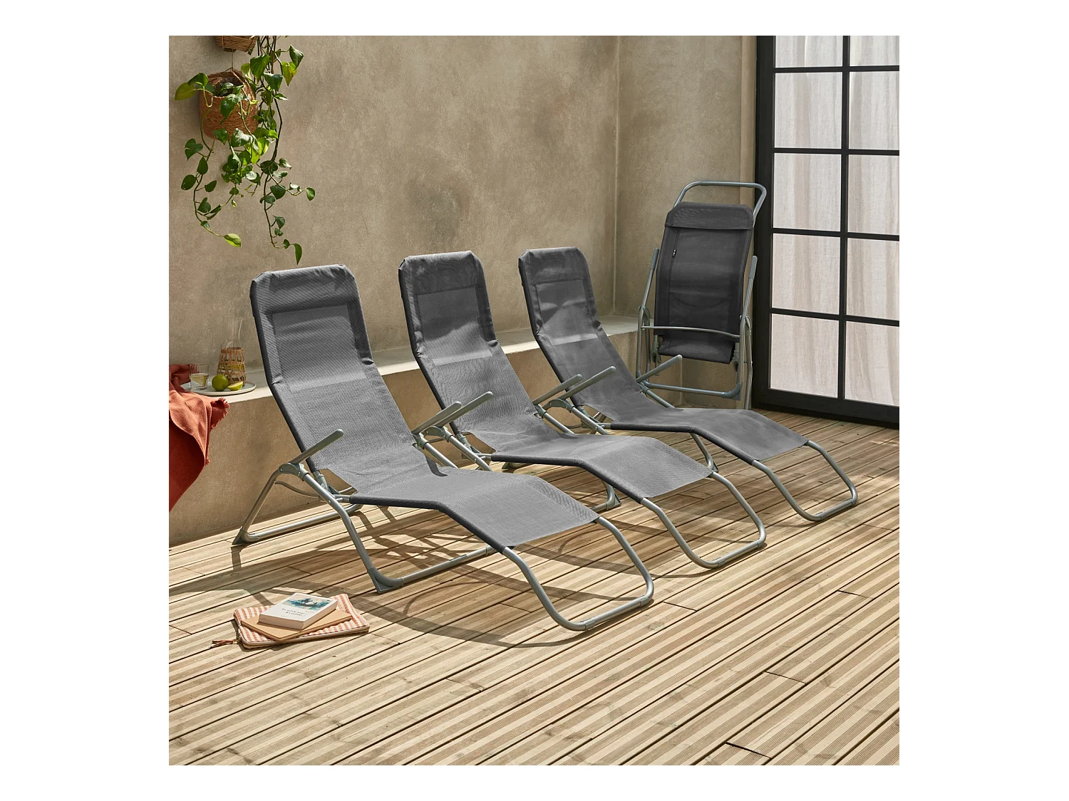 Lettino prendisole pieghevole in textilene a 2 posizioni, set di 4,