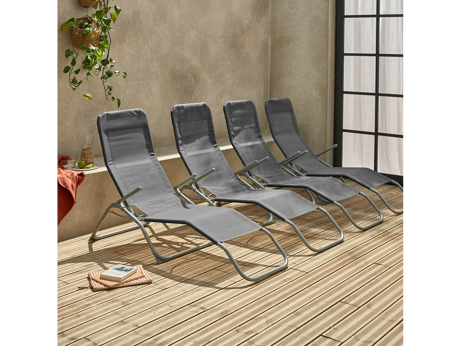 Tumbona plegable de textileno con 2 posiciones, set de 4 antracita