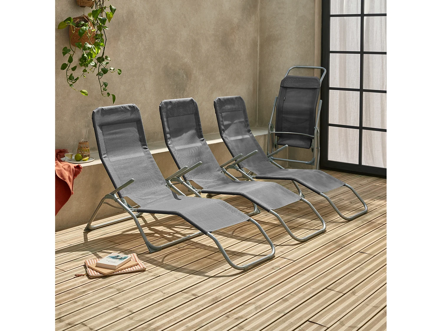 Tumbona plegable de textileno con 2 posiciones, set de 4 antracita