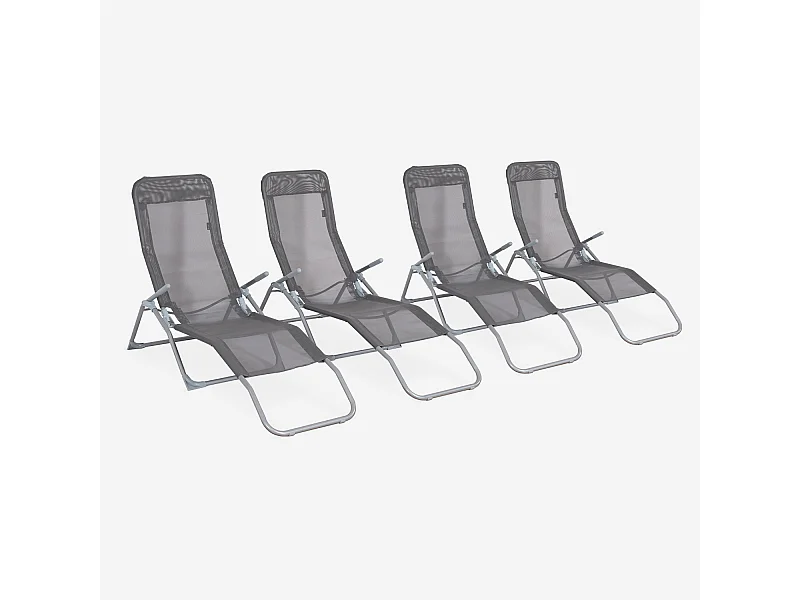 Lot de 4 bains de soleil pliants - Levito Anthracite - Transats textilène 2 positions. chaises longues