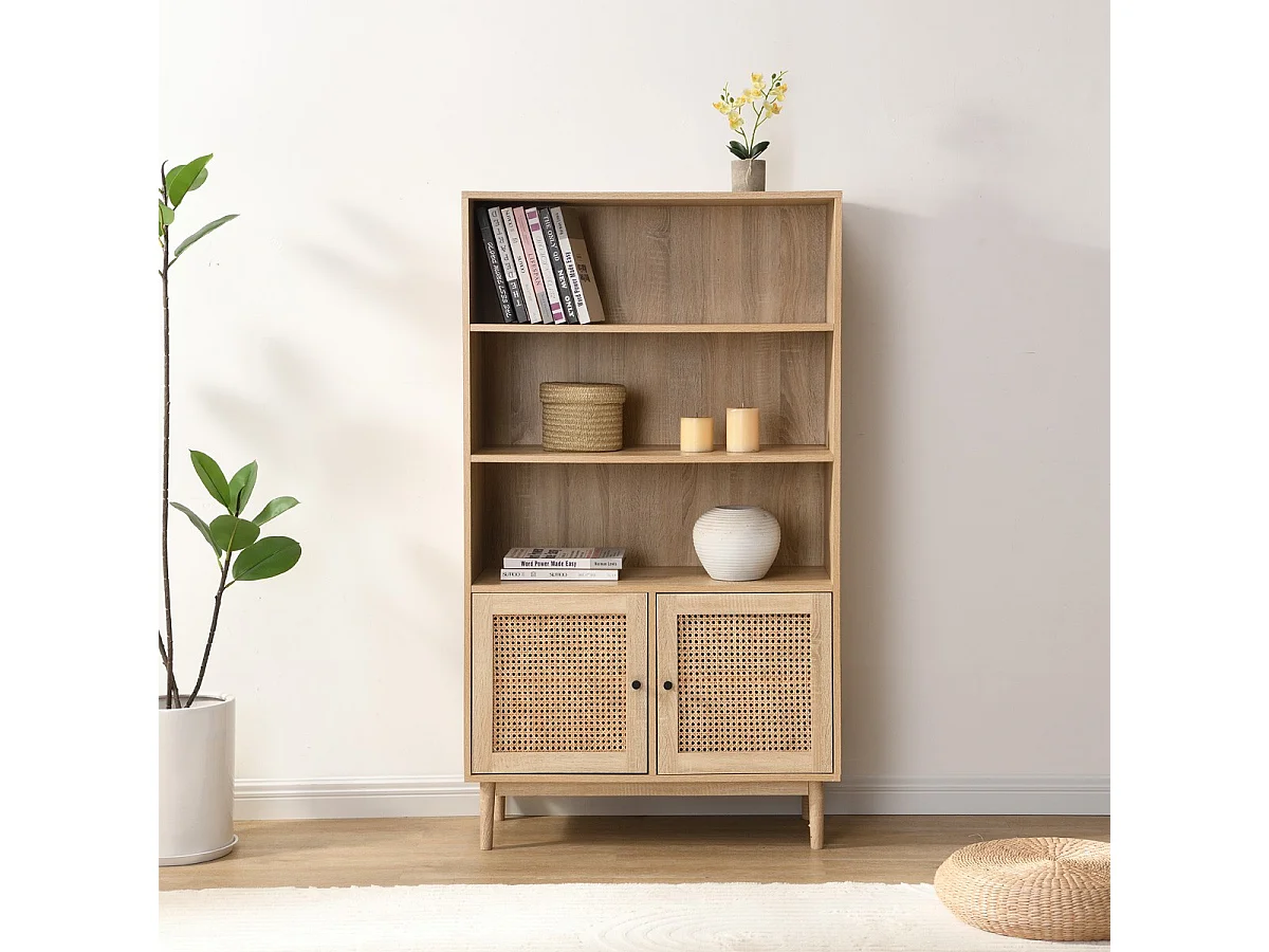 Bibliothèque 2 portes couleur chêne et cannage 84 cm - Dali
