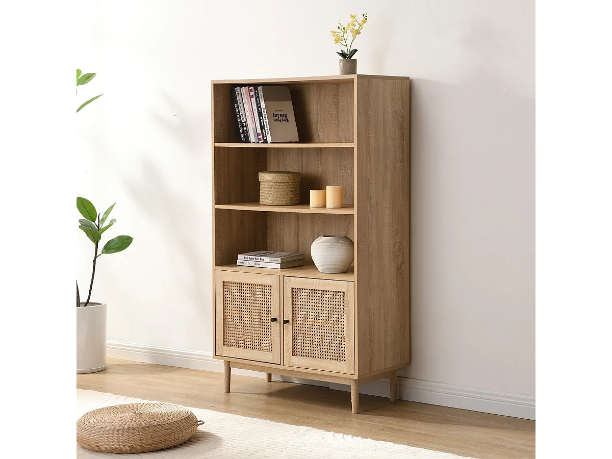 Bibliothèque 2 portes couleur chêne et cannage 84 cm - Dali