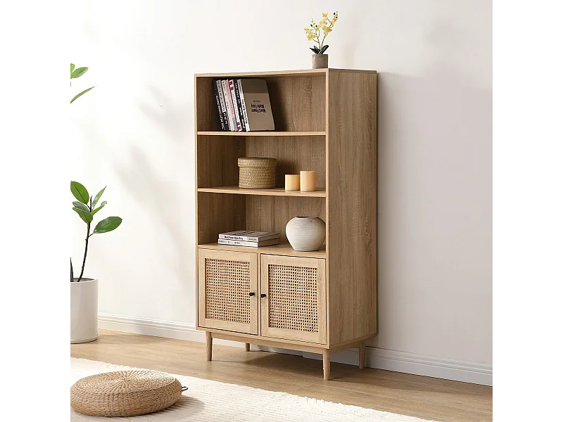 Bibliothèque 2 portes couleur chêne et cannage 84 cm - Dali