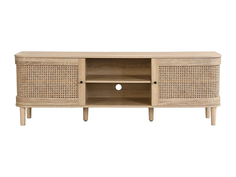 Meuble TV 2 portes couleur chêne et cannage 160 cm - Bali