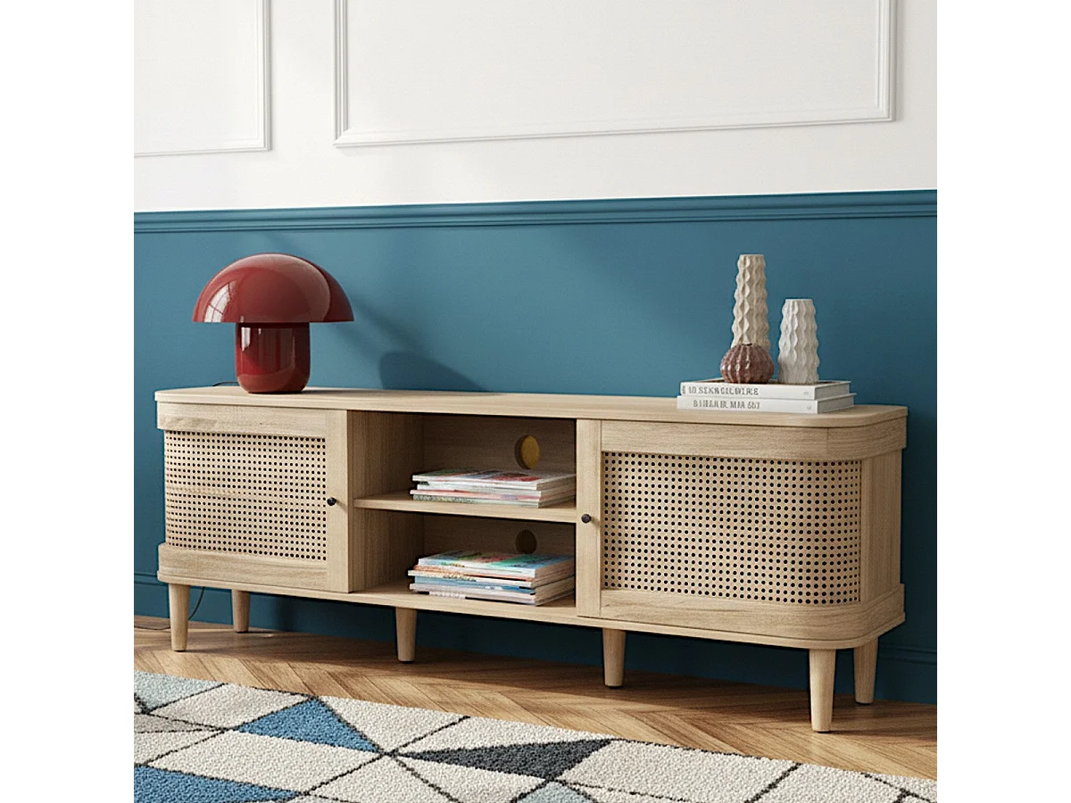 Meuble TV 2 portes couleur chêne et cannage 160 cm - Bali