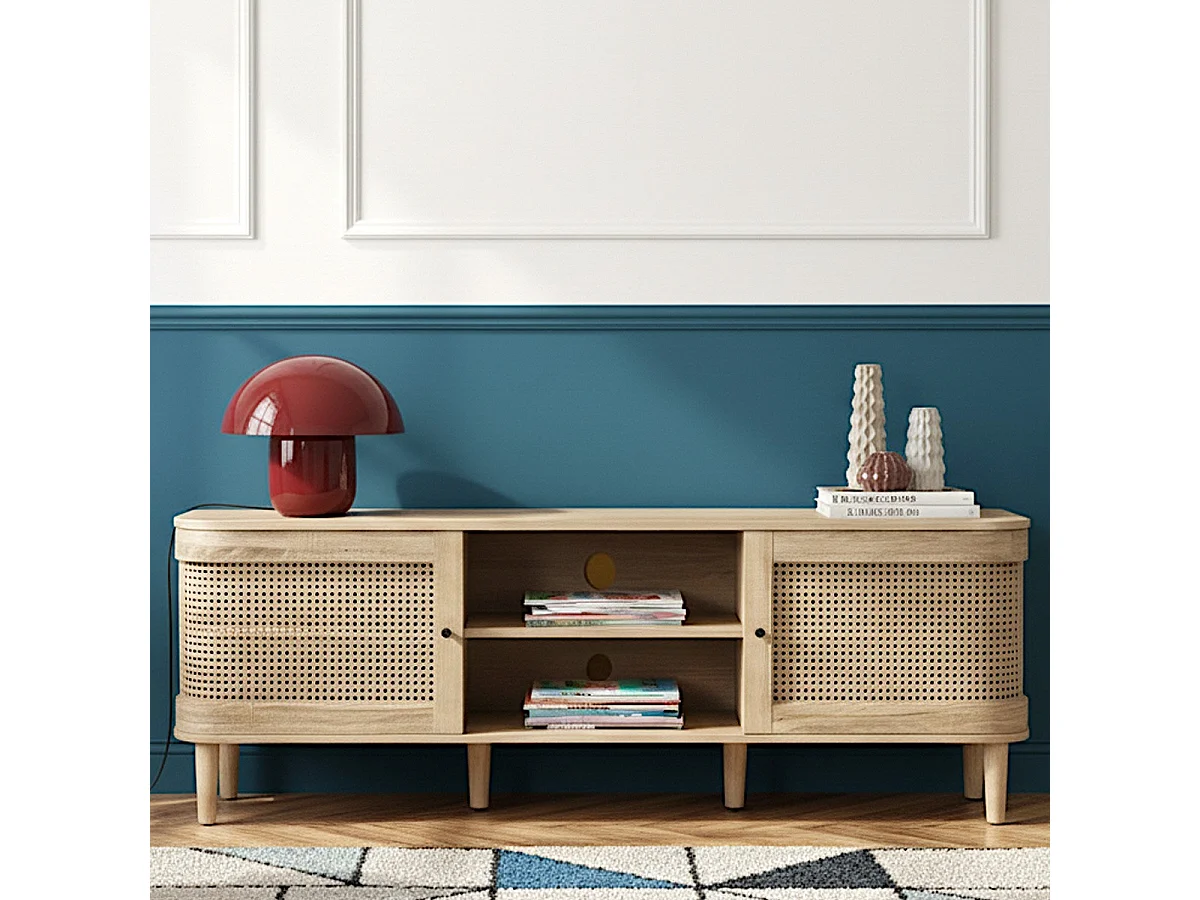 Meuble TV 2 portes couleur chêne et cannage 160 cm - Bali