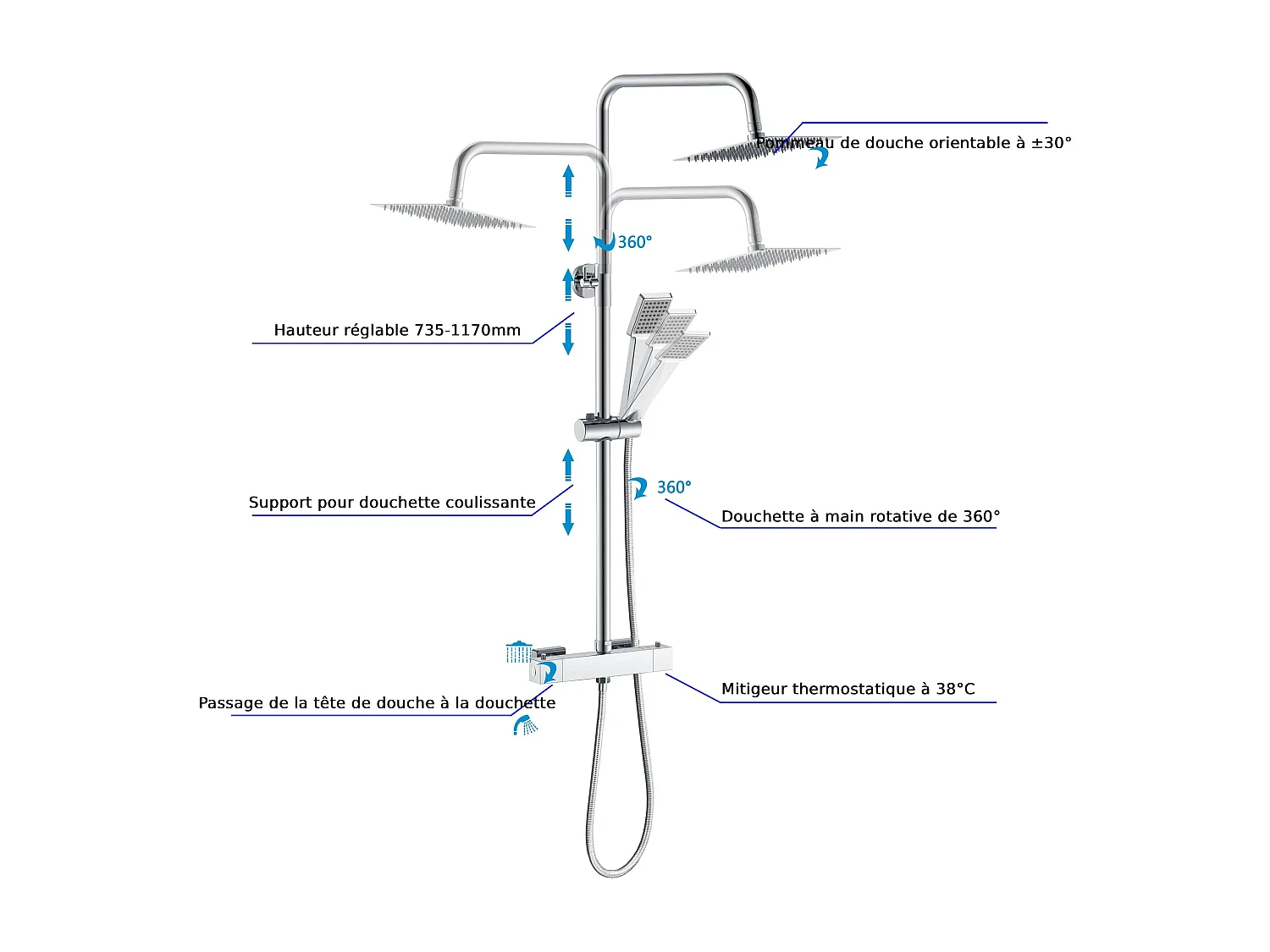 AICA colonne de douche thermostatique en laiton, douche de tête carrée 20X20CM, hauteur réglable