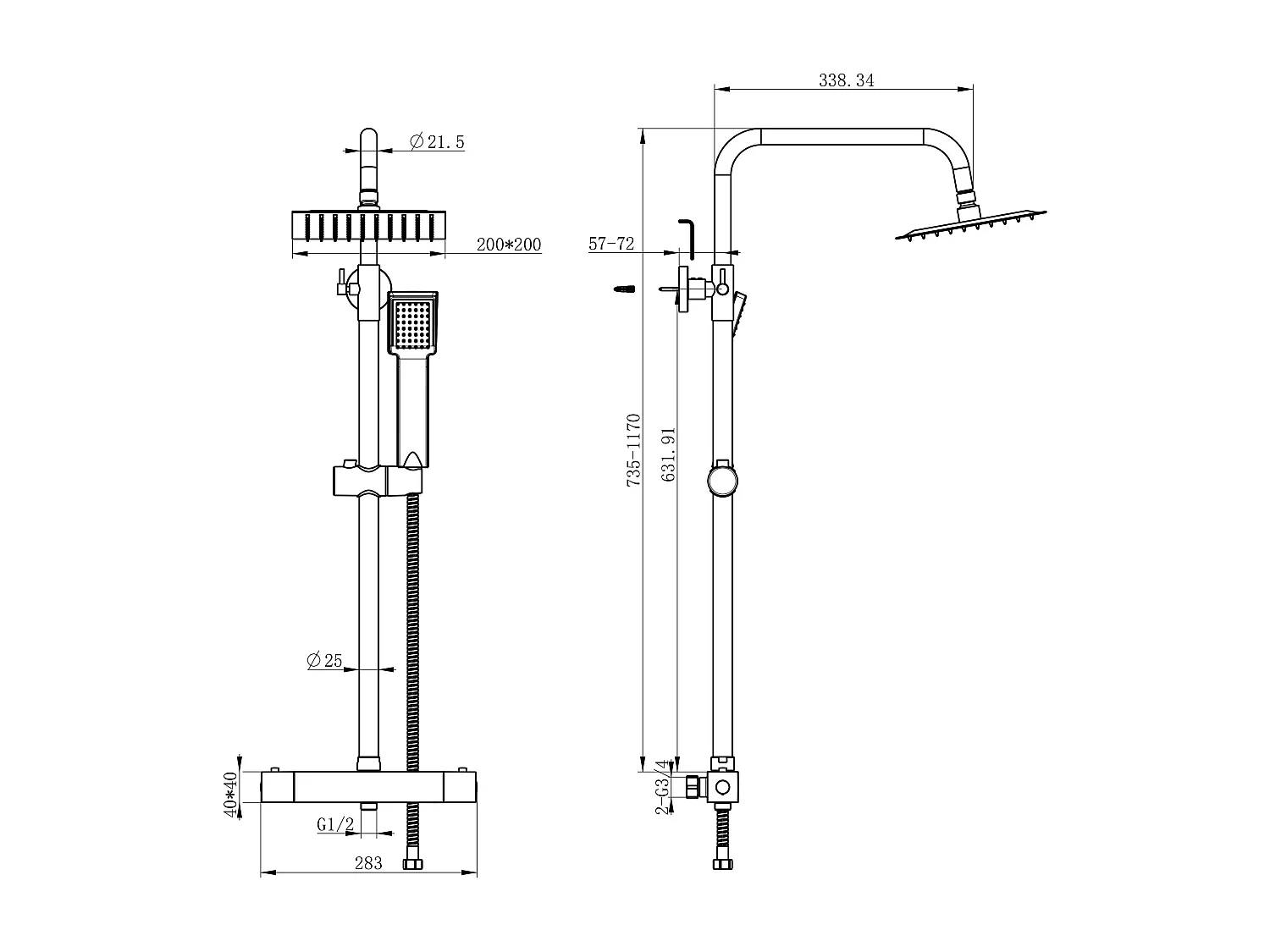 AICA colonne de douche thermostatique en laiton, douche de tête carrée 20X20CM, hauteur réglable