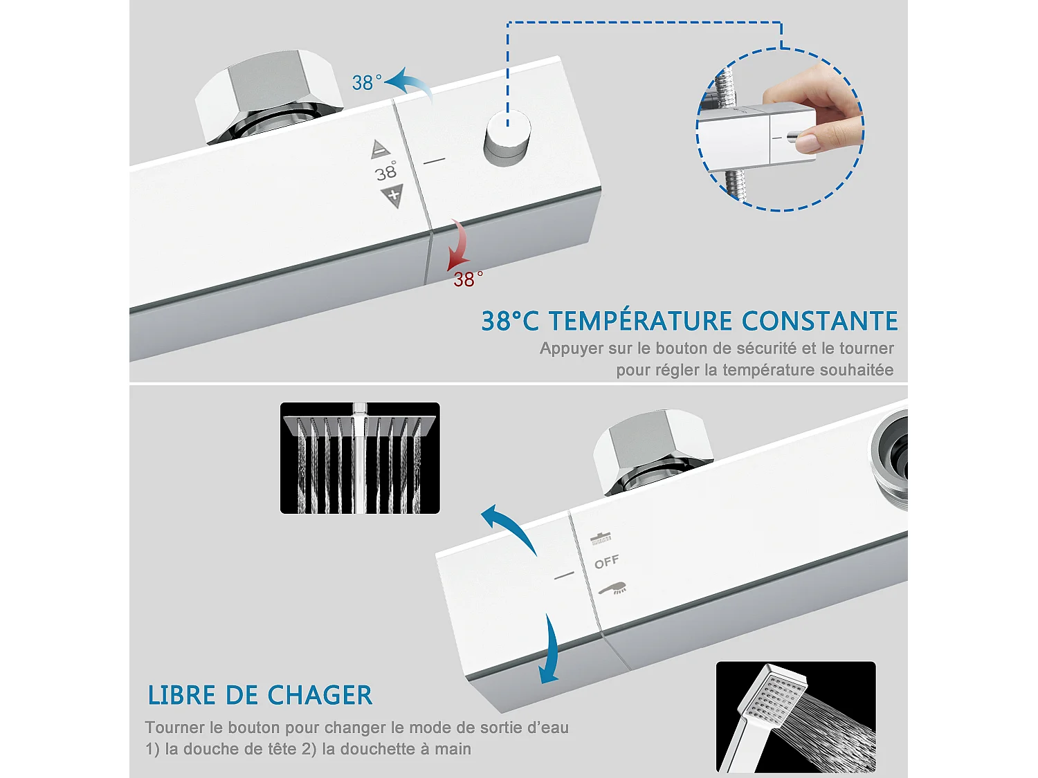 AICA colonne de douche thermostatique en laiton, douche de tête carrée 20X20CM, hauteur réglable