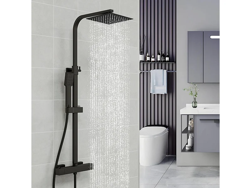 AICA Colonne de  douche thermostatique en laiton, Système de douche thermostatique 38 °C, Réglable en hauteur 730-1150 mm, Noir