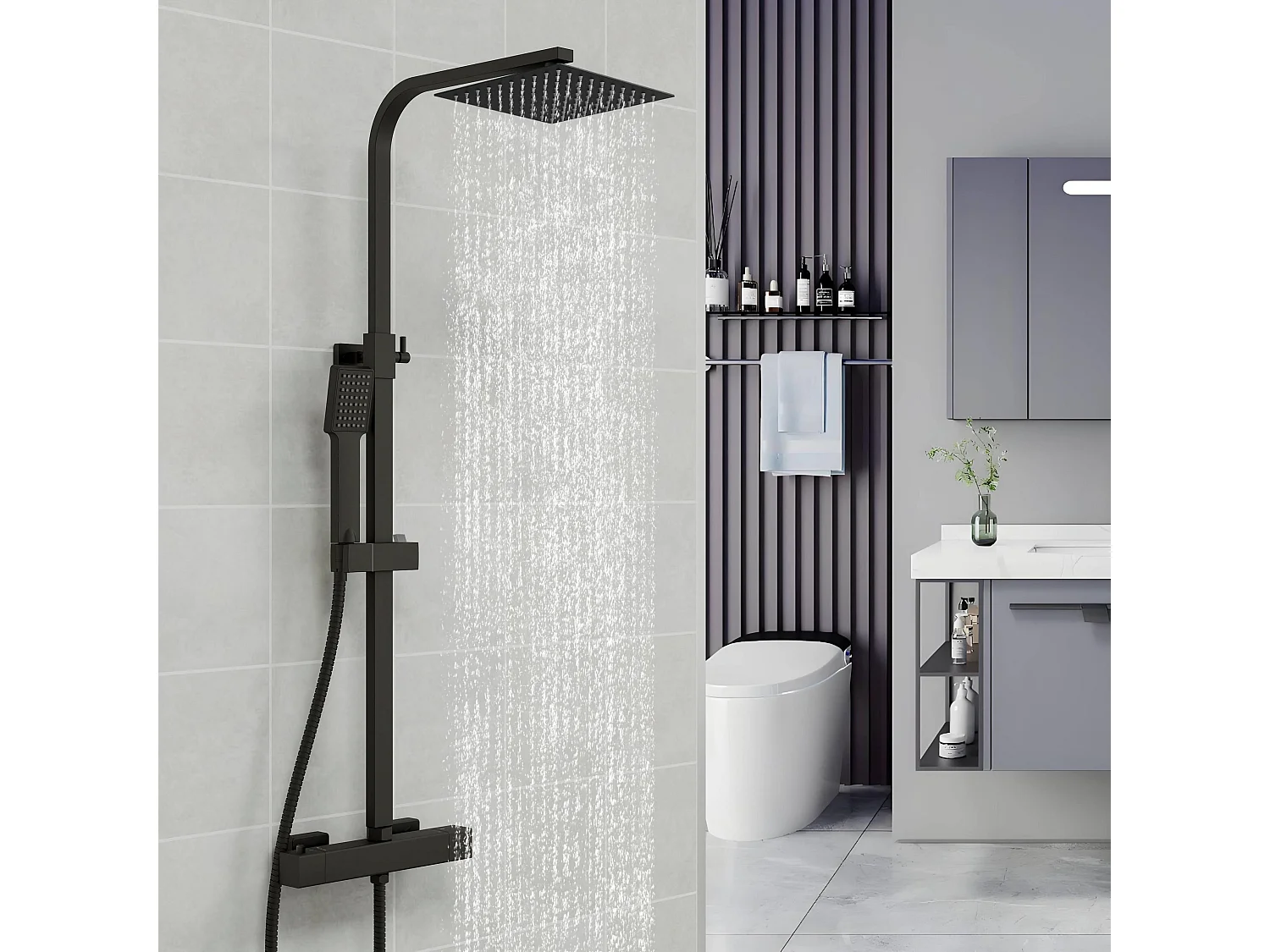 AICA Colonne de  douche thermostatique en laiton, Système de douche thermostatique 38 °C, Réglable en hauteur 730-1150 mm, Noir