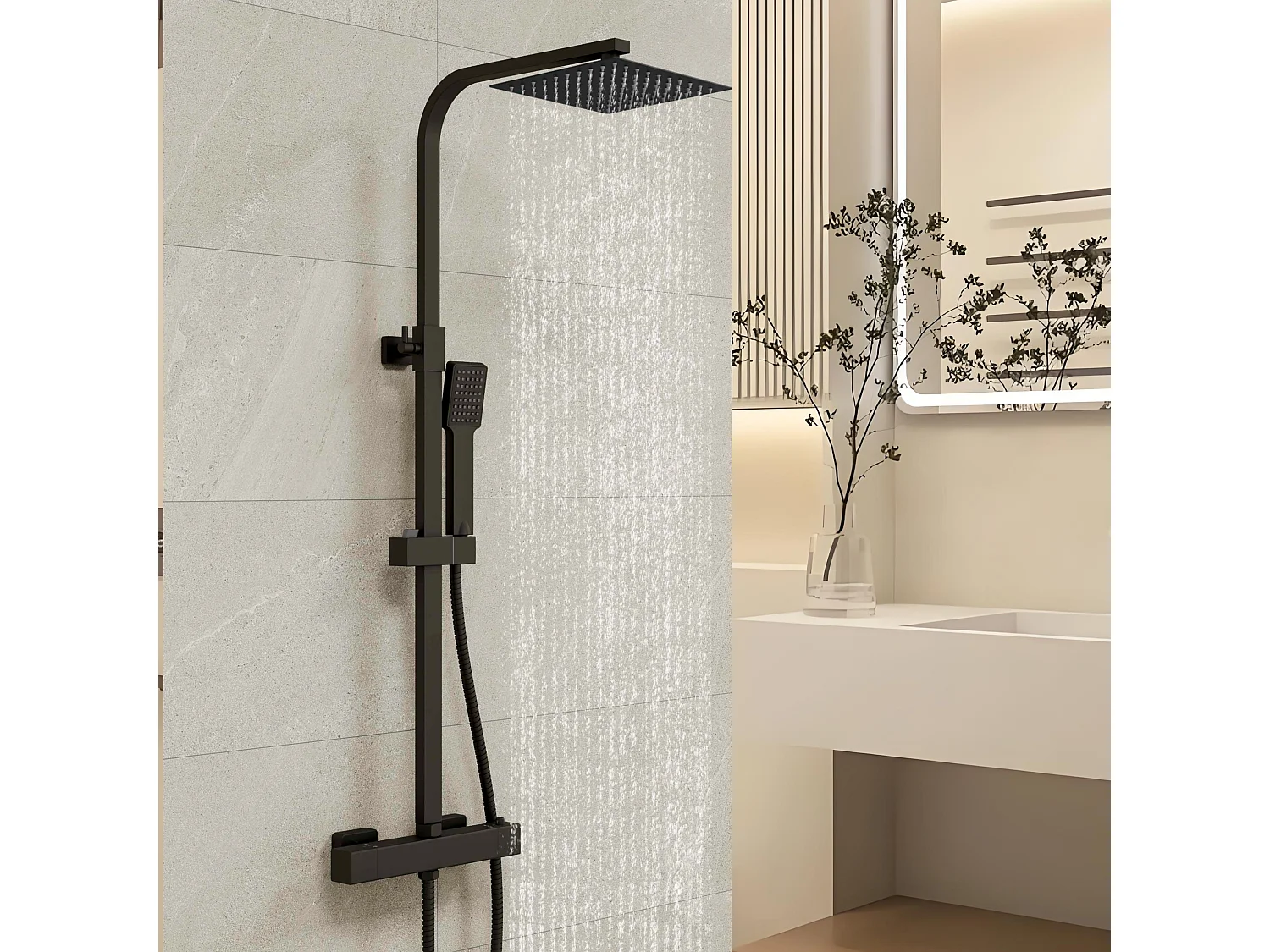 AICA Colonne de  douche thermostatique en laiton, Système de douche thermostatique 38 °C, Réglable en hauteur 730-1150 mm, Noir