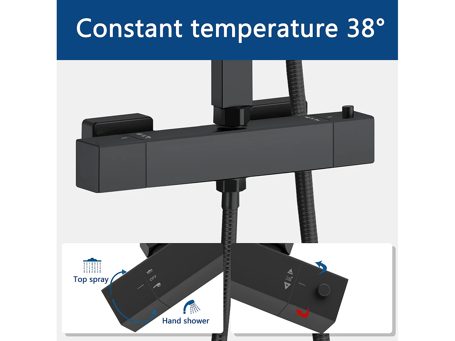 AICA Colonne de  douche thermostatique en laiton, Système de douche thermostatique 38 °C, Réglable en hauteur 730-1150 mm, Noir