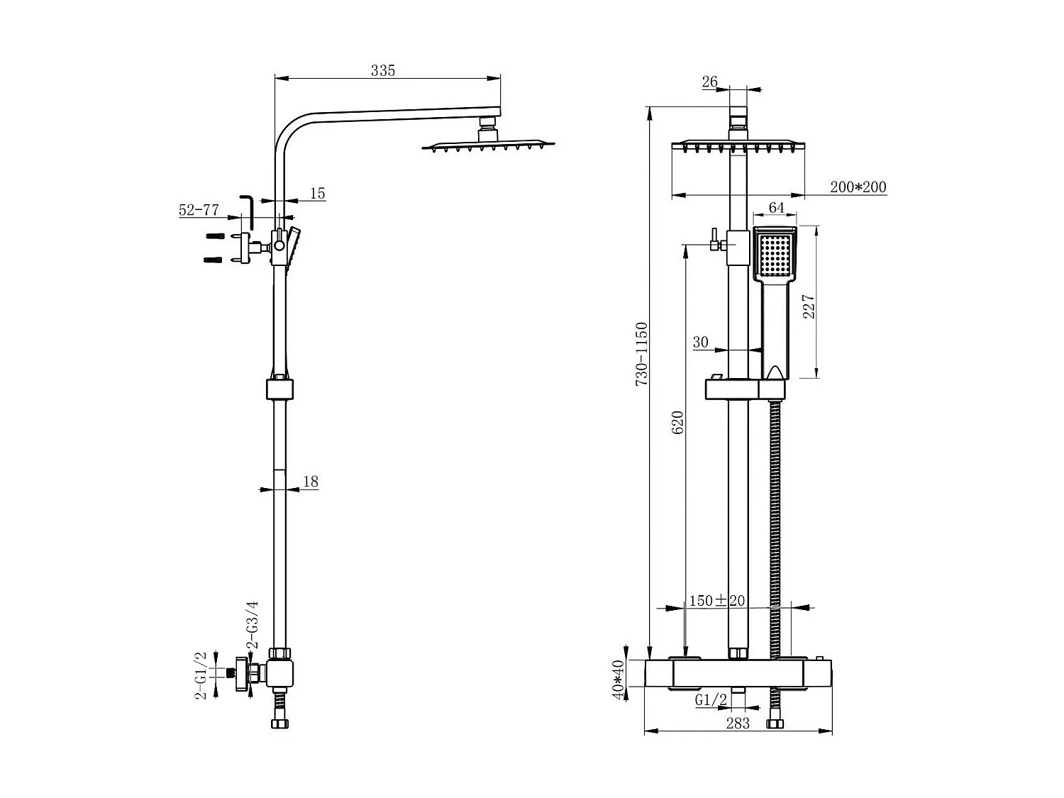 AICA Colonne de  douche thermostatique en laiton, Système de douche thermostatique 38 °C, Réglable en hauteur 730-1150 mm, Noir