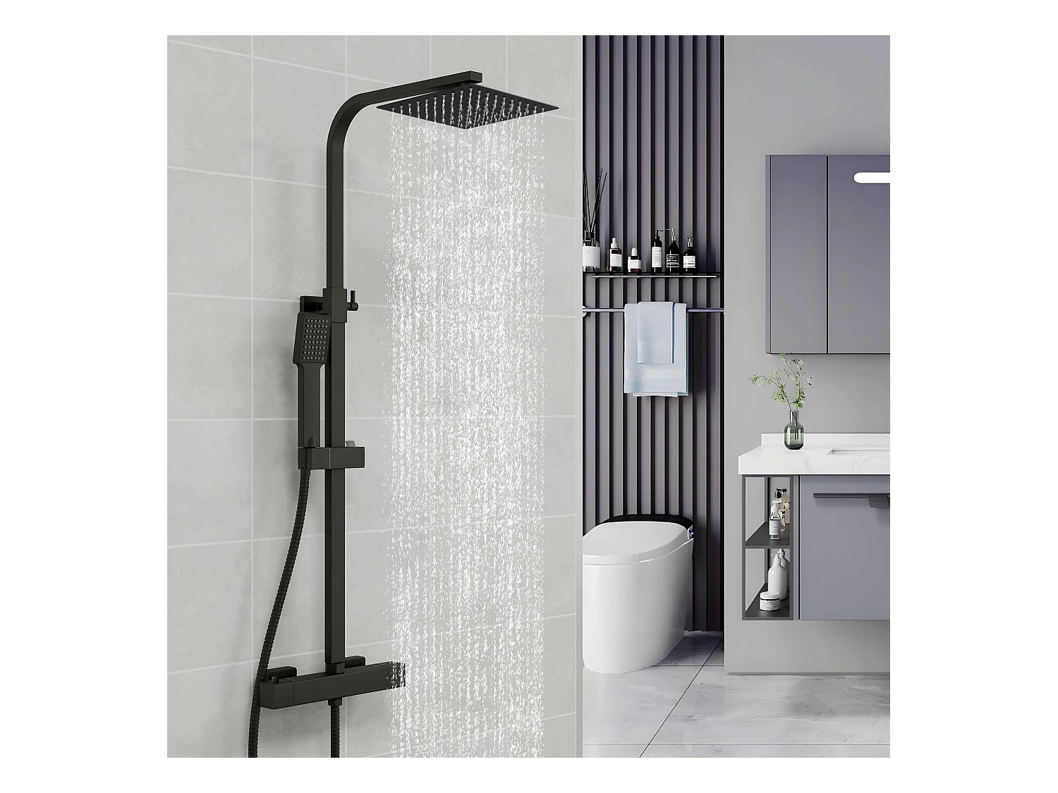 AICA Colonne de  douche thermostatique en laiton, Système de douche thermostatique 38 °C, Réglable en hauteur 730-1150 mm, Noir