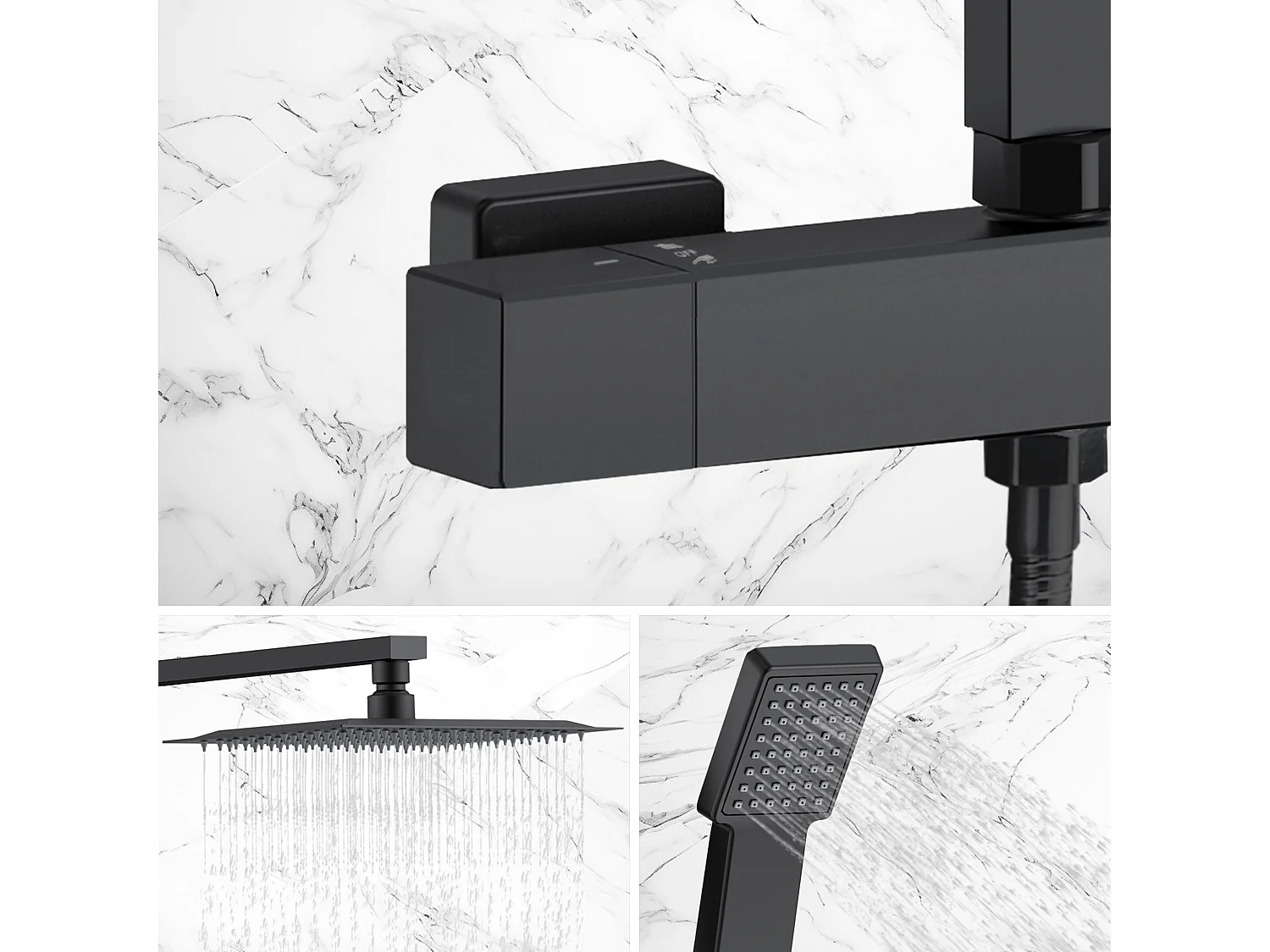 AICA Colonne de  douche thermostatique en laiton, Système de douche thermostatique 38 °C, Réglable en hauteur 730-1150 mm, Noir