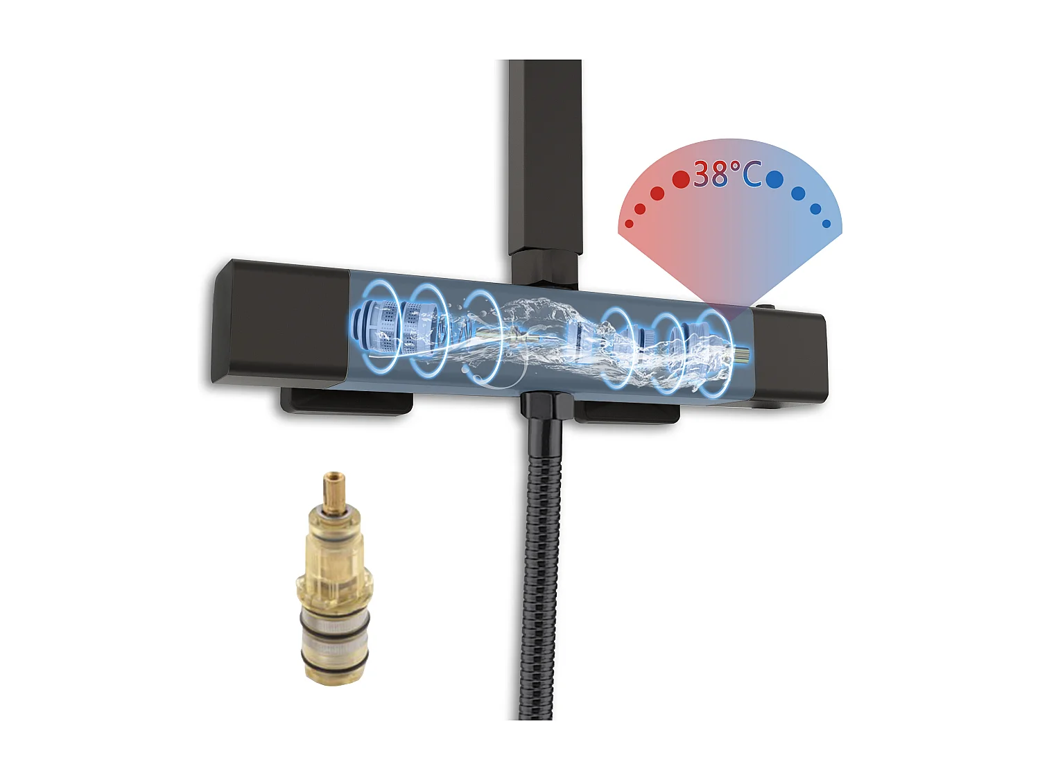 AICA Colonne de  douche thermostatique en laiton, Système de douche thermostatique 38 °C, Réglable en hauteur 730-1150 mm, Noir