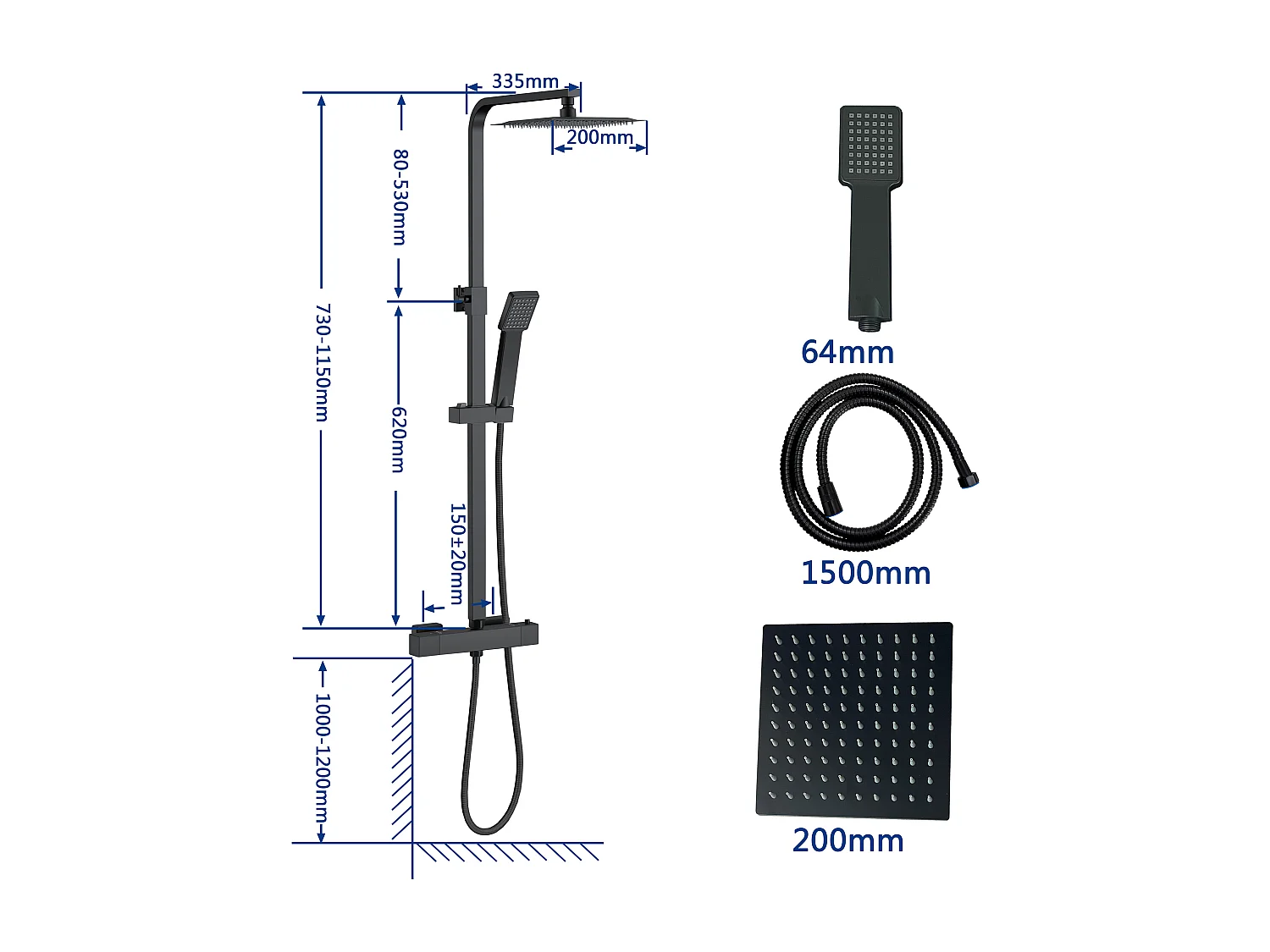 AICA Colonne de  douche thermostatique en laiton, Système de douche thermostatique 38 °C, Réglable en hauteur 730-1150 mm, Noir