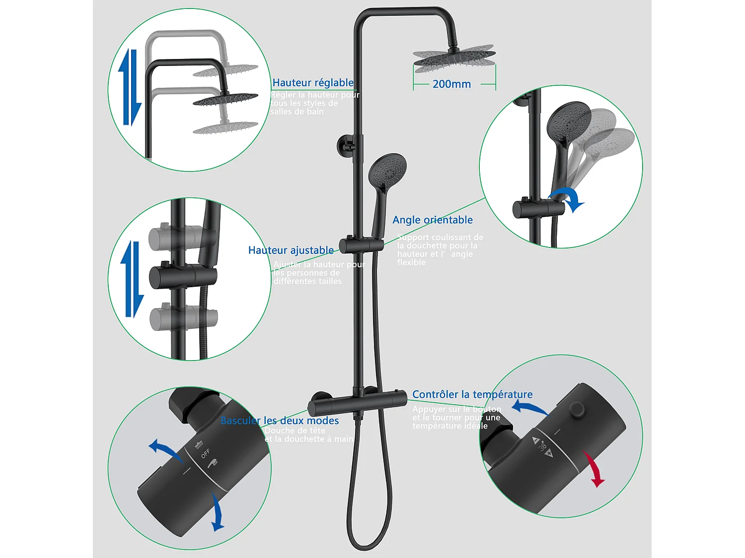 AICA Colonne de douche thermostatique noire mate, avec douche de tête ronde et douchette à main réglable en plusieurs modes