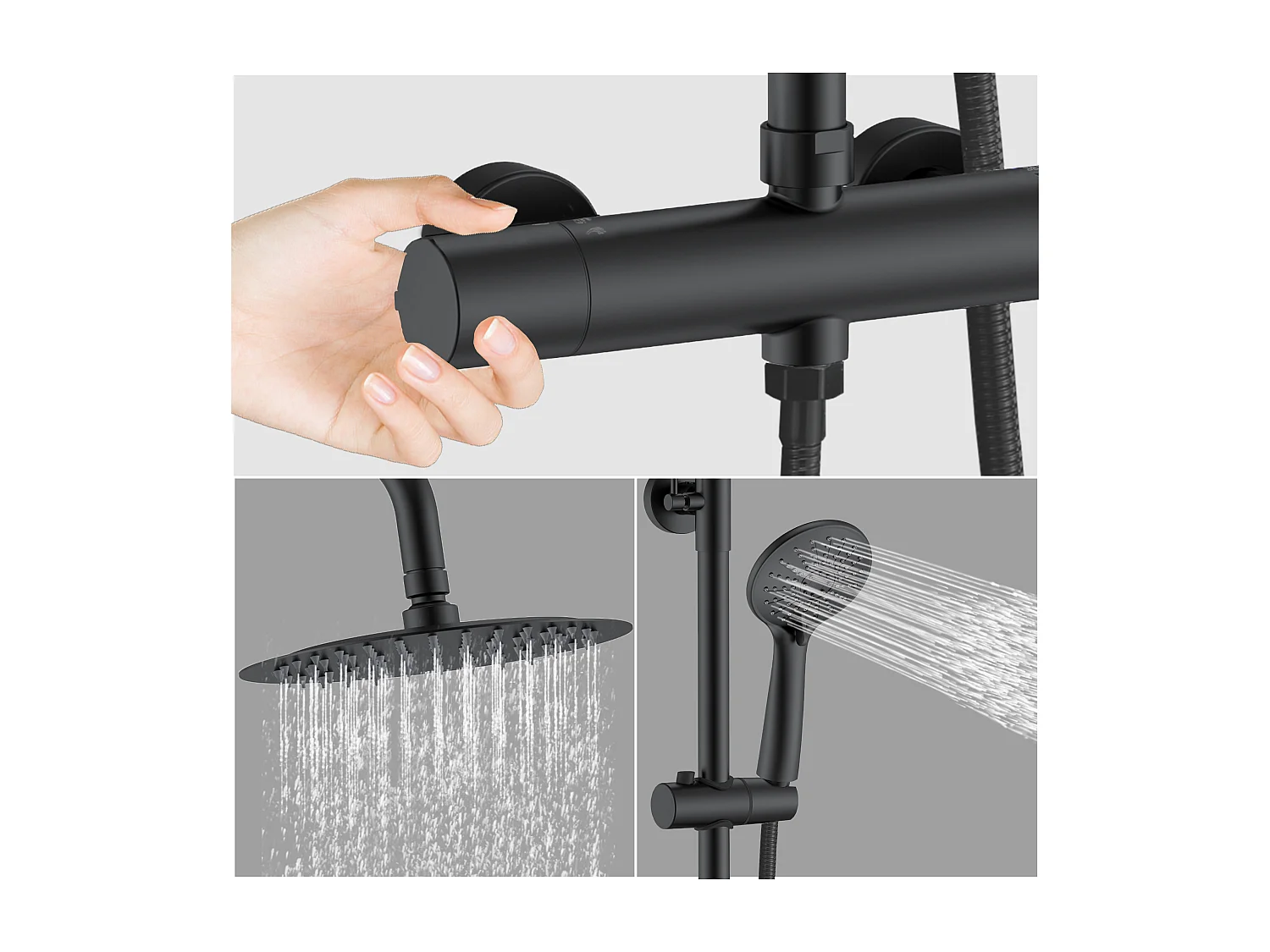 AICA Colonne de douche thermostatique noire mate, avec douche de tête ronde et douchette à main réglable en plusieurs modes