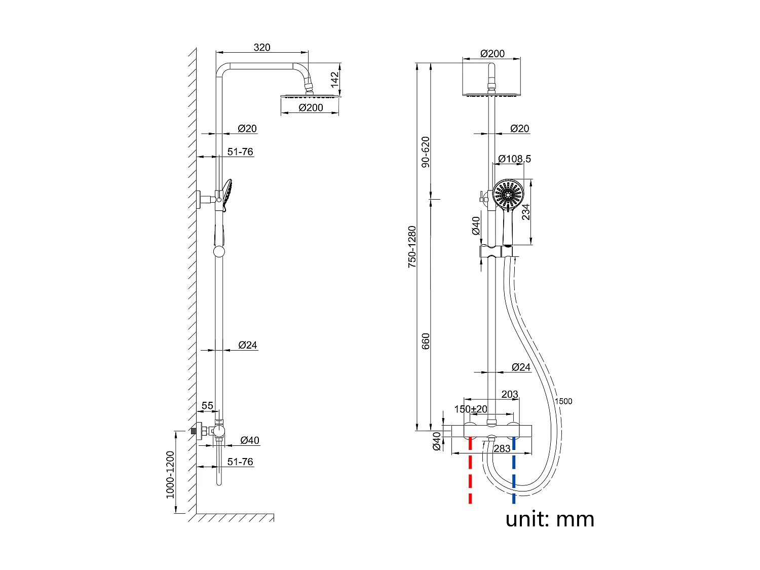 AICA Colonne de douche thermostatique noire mate, avec douche de tête ronde et douchette à main réglable en plusieurs modes