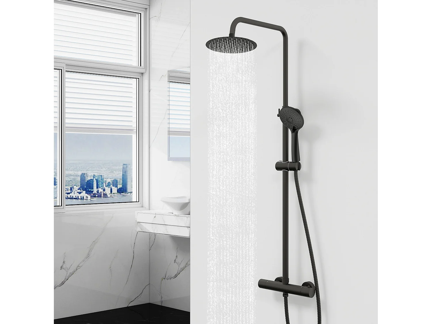 AICA Colonne de douche thermostatique noire mate, avec douche de tête ronde et douchette à main réglable en plusieurs modes