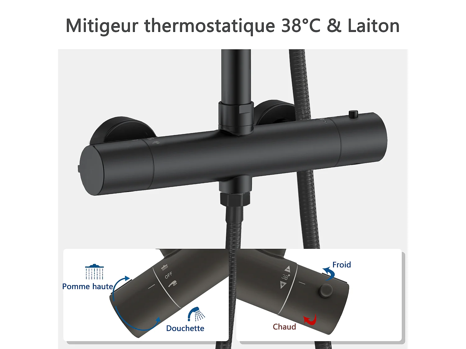 AICA Colonne de douche thermostatique noire mate, avec douche de tête ronde et douchette à main réglable en plusieurs modes