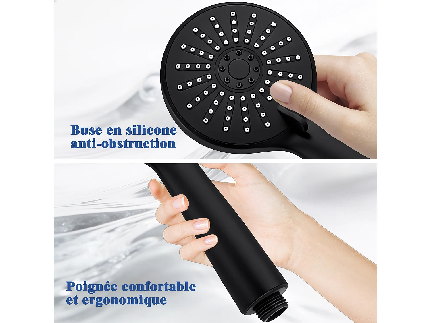 AICA Colonne de douche thermostatique noire mate, avec douche de tête ronde et douchette à main réglable en plusieurs modes