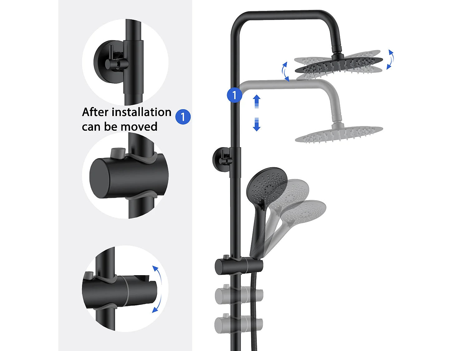 AICA Colonne de douche thermostatique noire mate, avec douche de tête ronde et douchette à main réglable en plusieurs modes