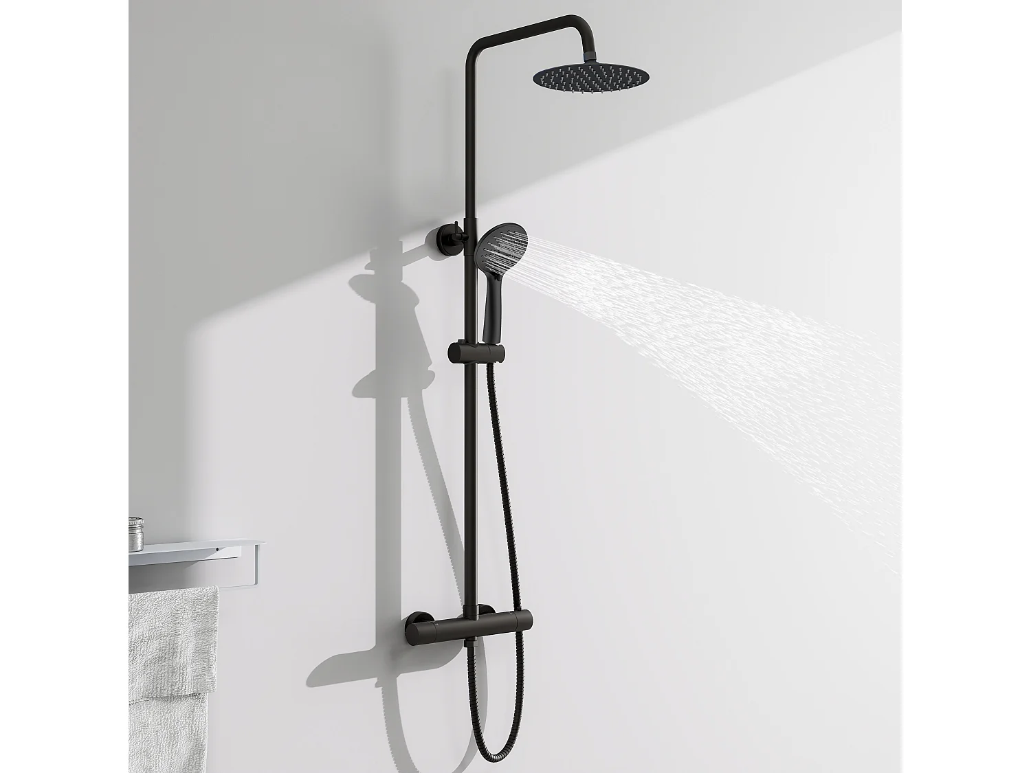 AICA Colonne de douche thermostatique noire mate, avec douche de tête ronde et douchette à main réglable en plusieurs modes