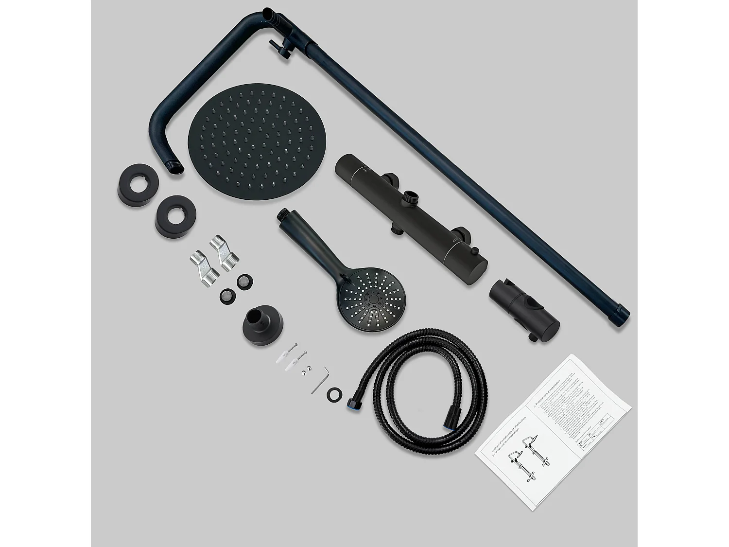 AICA Colonne de douche thermostatique noire mate, avec douche de tête ronde et douchette à main réglable en plusieurs modes