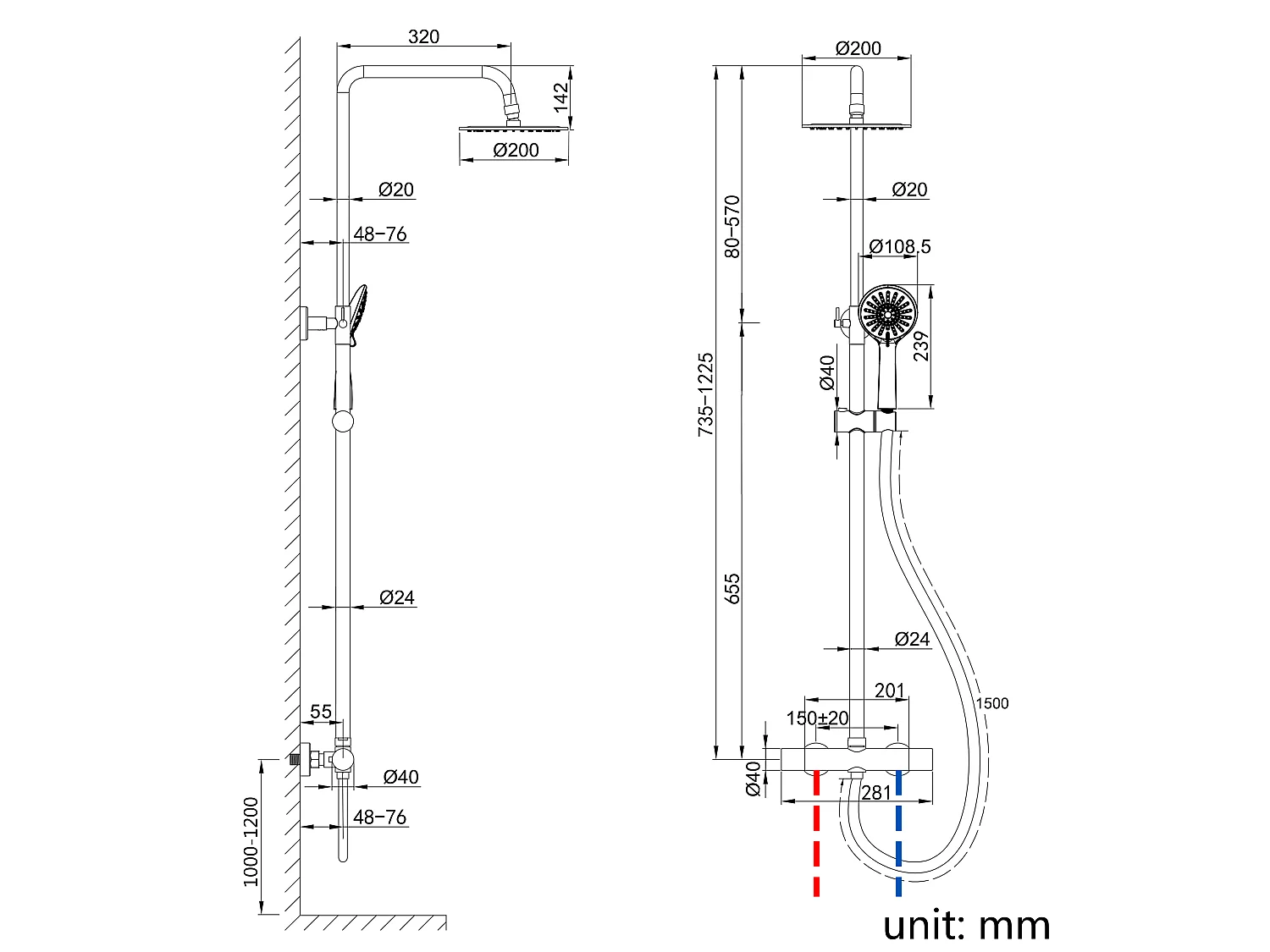 AICA Colonne de douche thermostatique noire mate, avec douche de tête ronde et douchette à main réglable en plusieurs modes