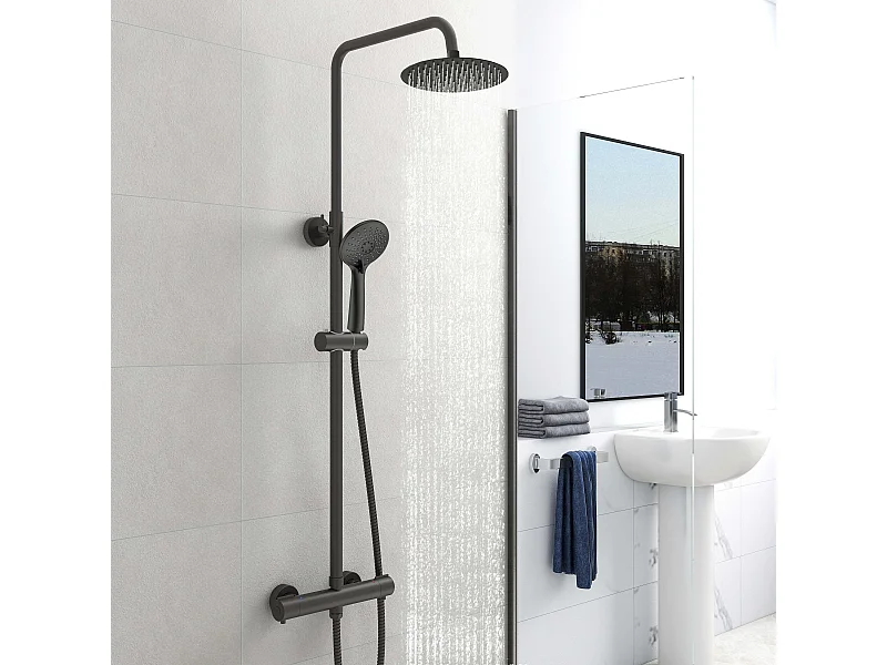 AICA Colonne de douche thermostatique noire mate, avec douche de tête ronde et douchette à main réglable en plusieurs modes