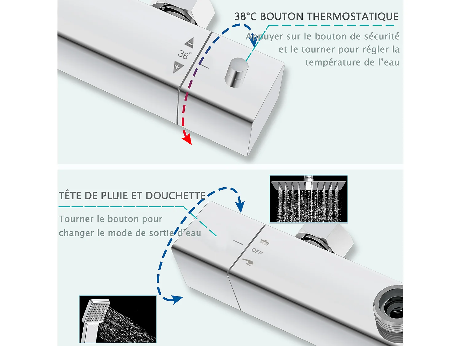 AICA colonne de douche thermostatique, avec mitigeur réglable en hauteur