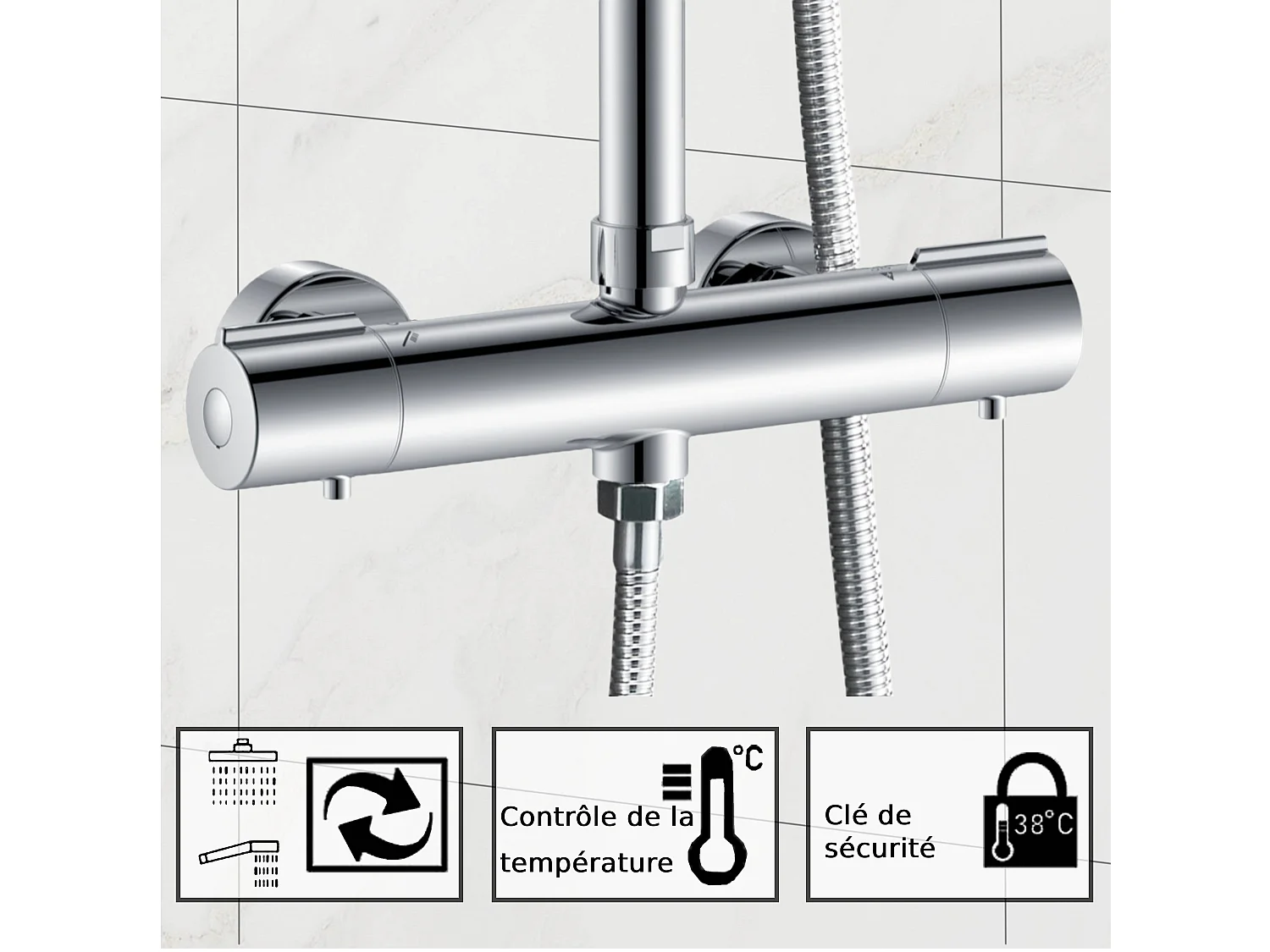 AICA colonne de douche thermostatique en laiton, douche de tête carrée, 3 jets
