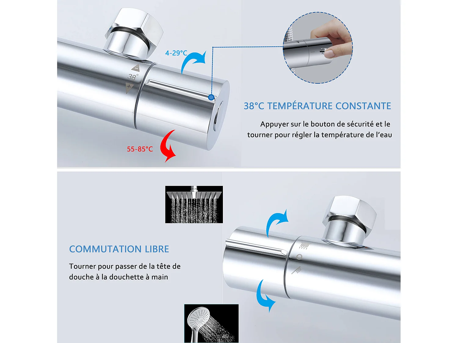 AICA colonne de douche thermostatique en laiton, douche de tête carrée, 3 jets