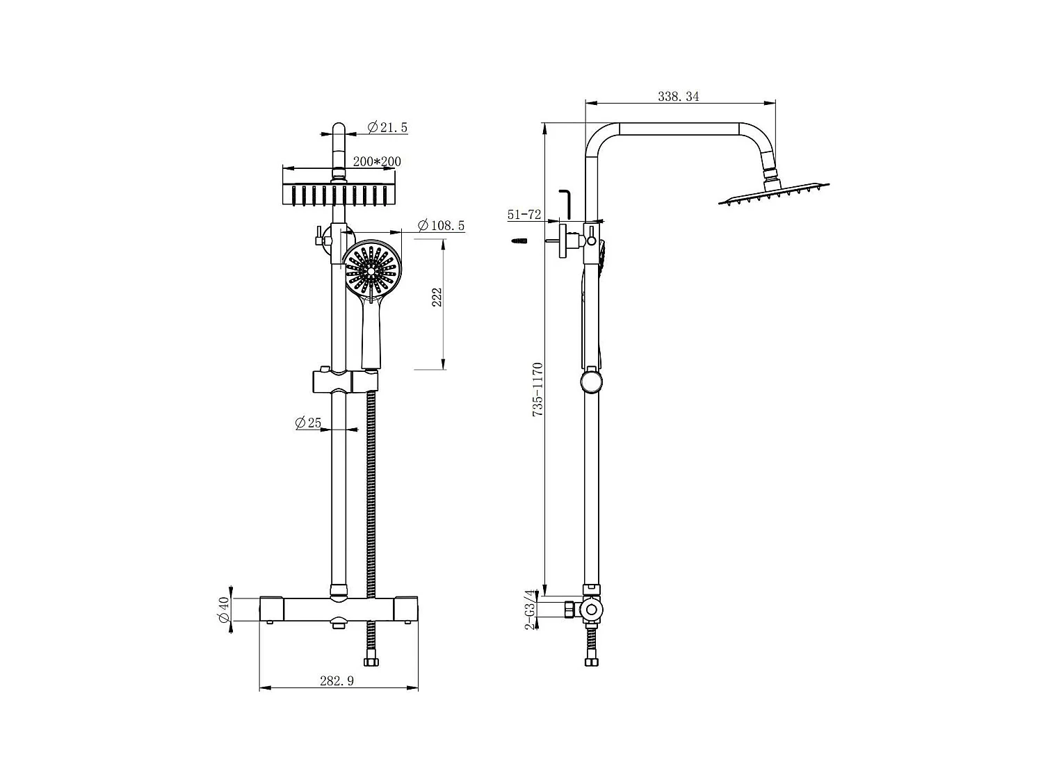 AICA colonne de douche thermostatique en laiton, douche de tête carrée, 3 jets
