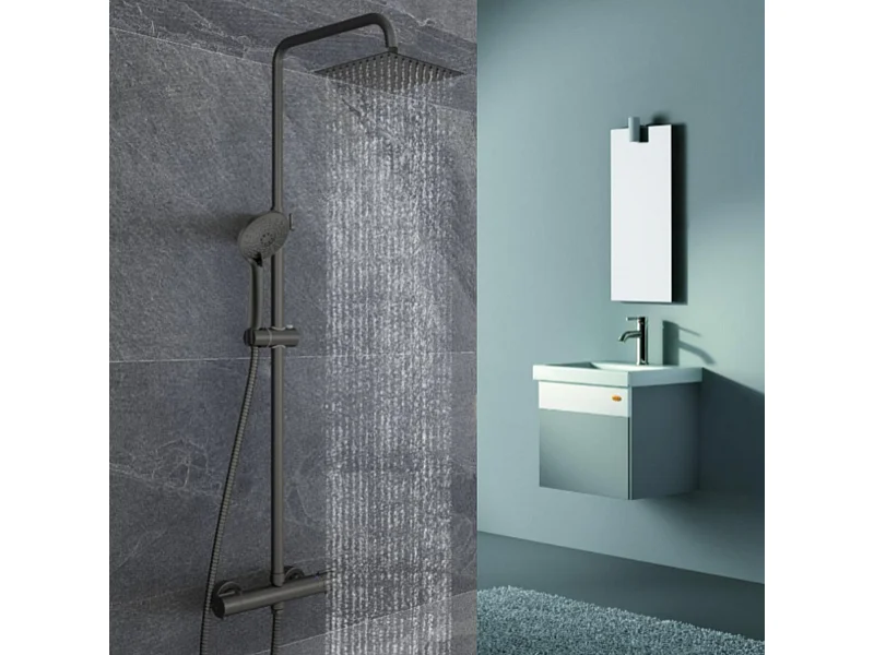 AICA colonne de douche thermostatique noir mat avec douche de tête carrée, douchette ronde à 3 jets, réglable en hauteur