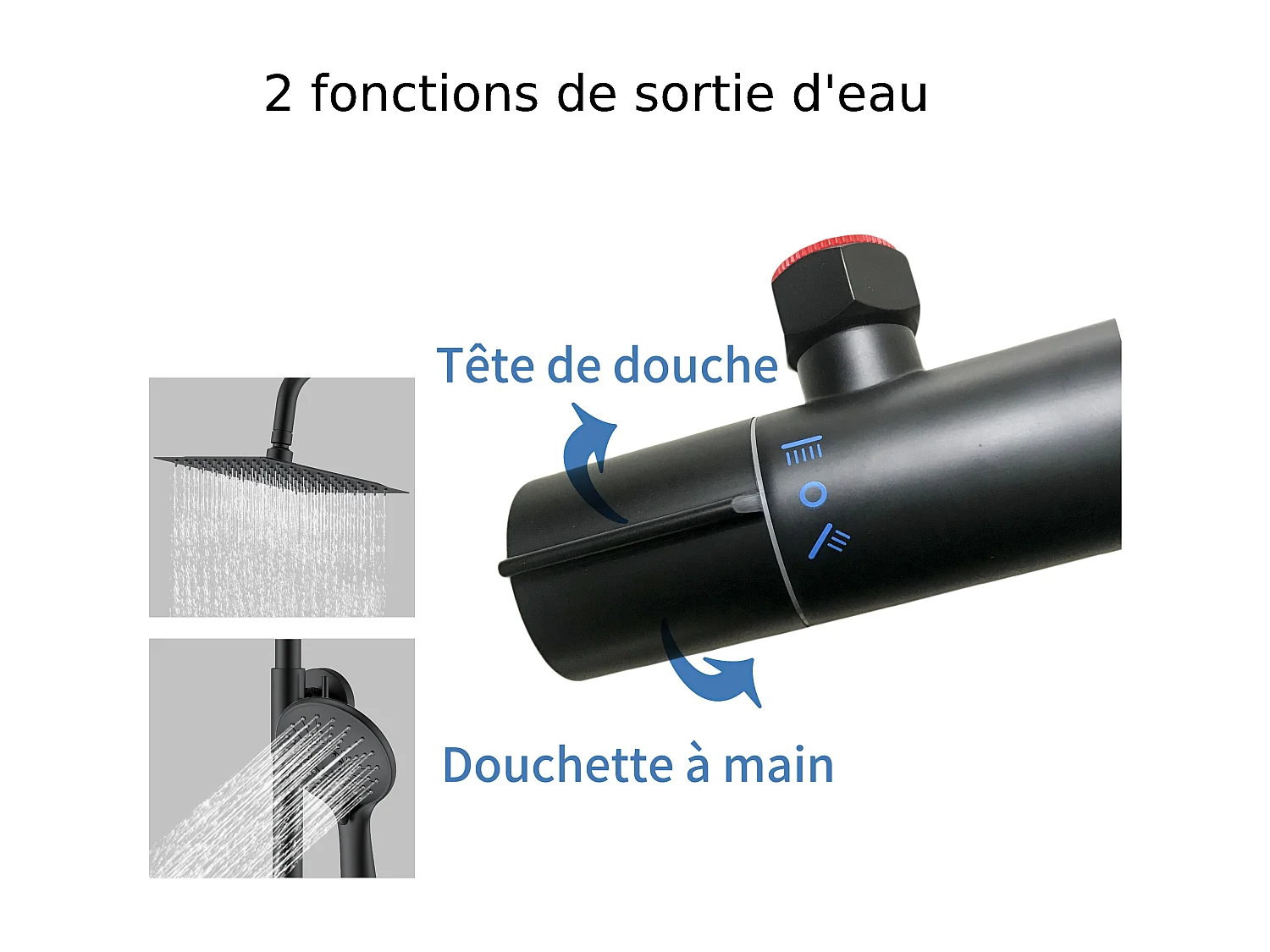 AICA colonne de douche thermostatique noir mat avec douche de tête carrée, douchette ronde à 3 jets, réglable en hauteur